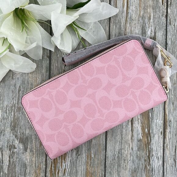 Coach Powder Pink Long Zip Around Wallet In Signature Canvas Bag Purse - Picture 4 of 10